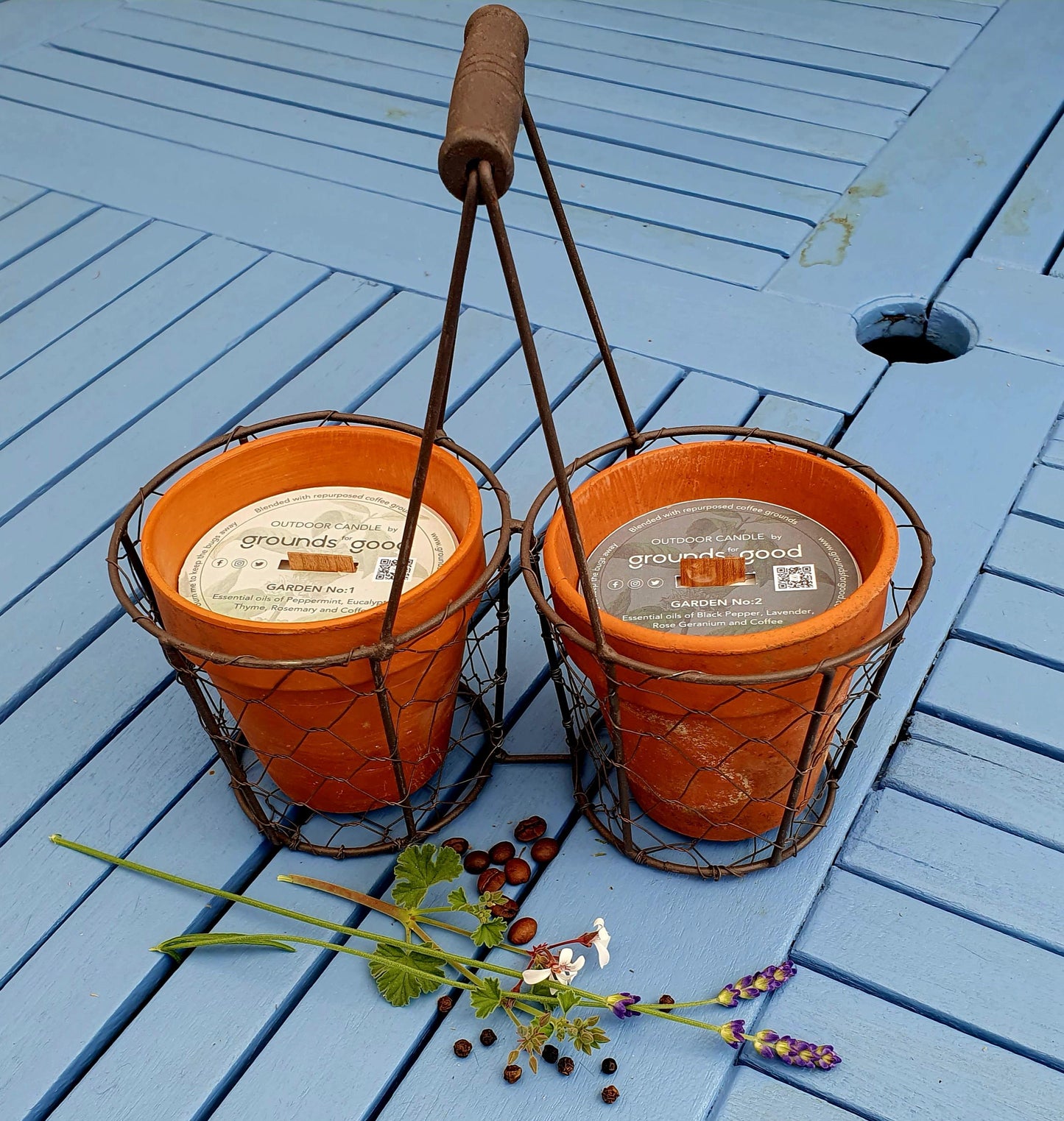 GARDEN OUTDOOR CANDLE SET - With Rustic Wire Carrier- SALE PRICES!